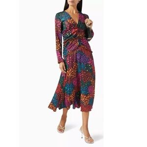 🎸FARM RIO🎸🔥NWT🔥Ruched Long Sleeve Midi Dress in Rainbow Hearts— size S